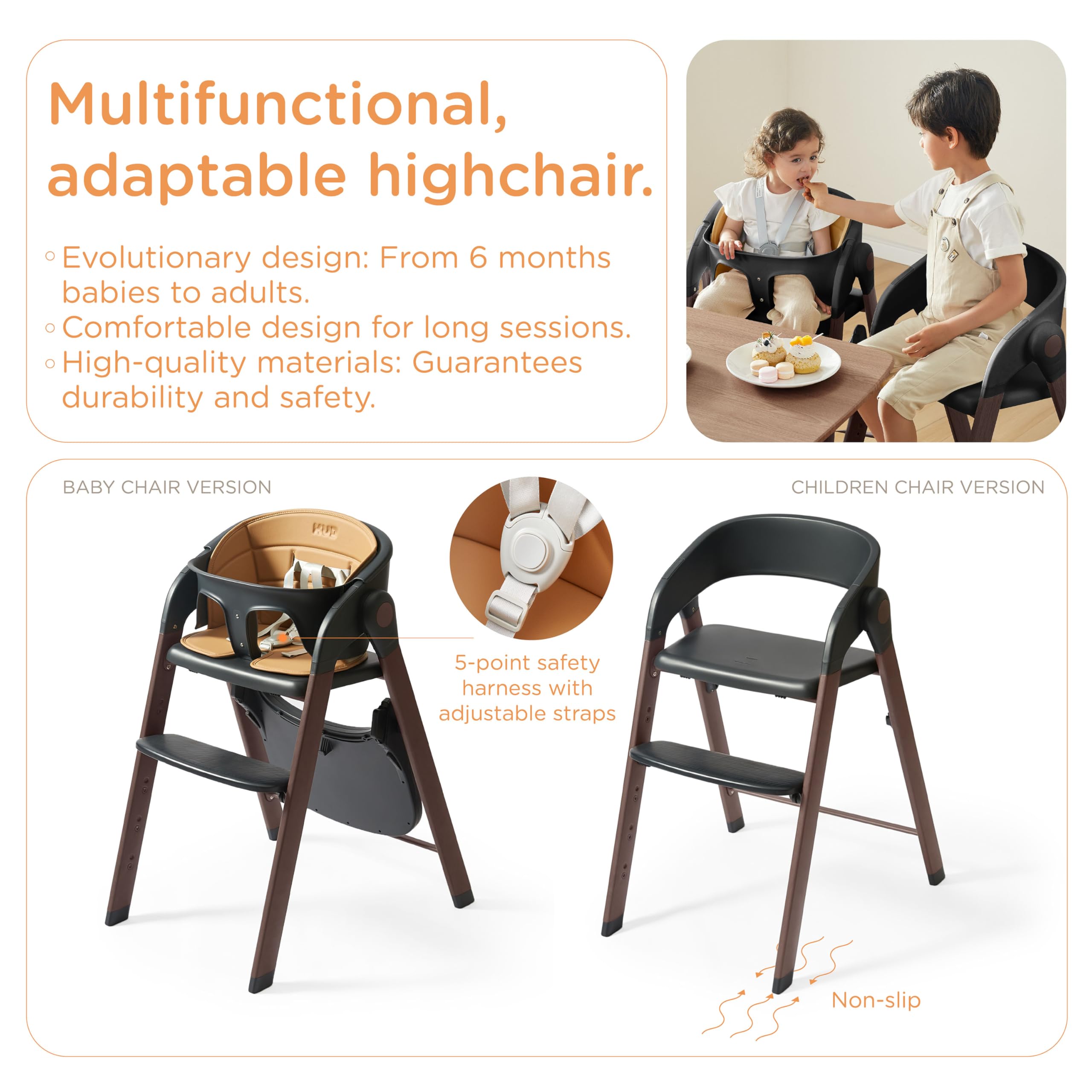 KUB High Chair with 5-point harness for baby's safety during meals.
