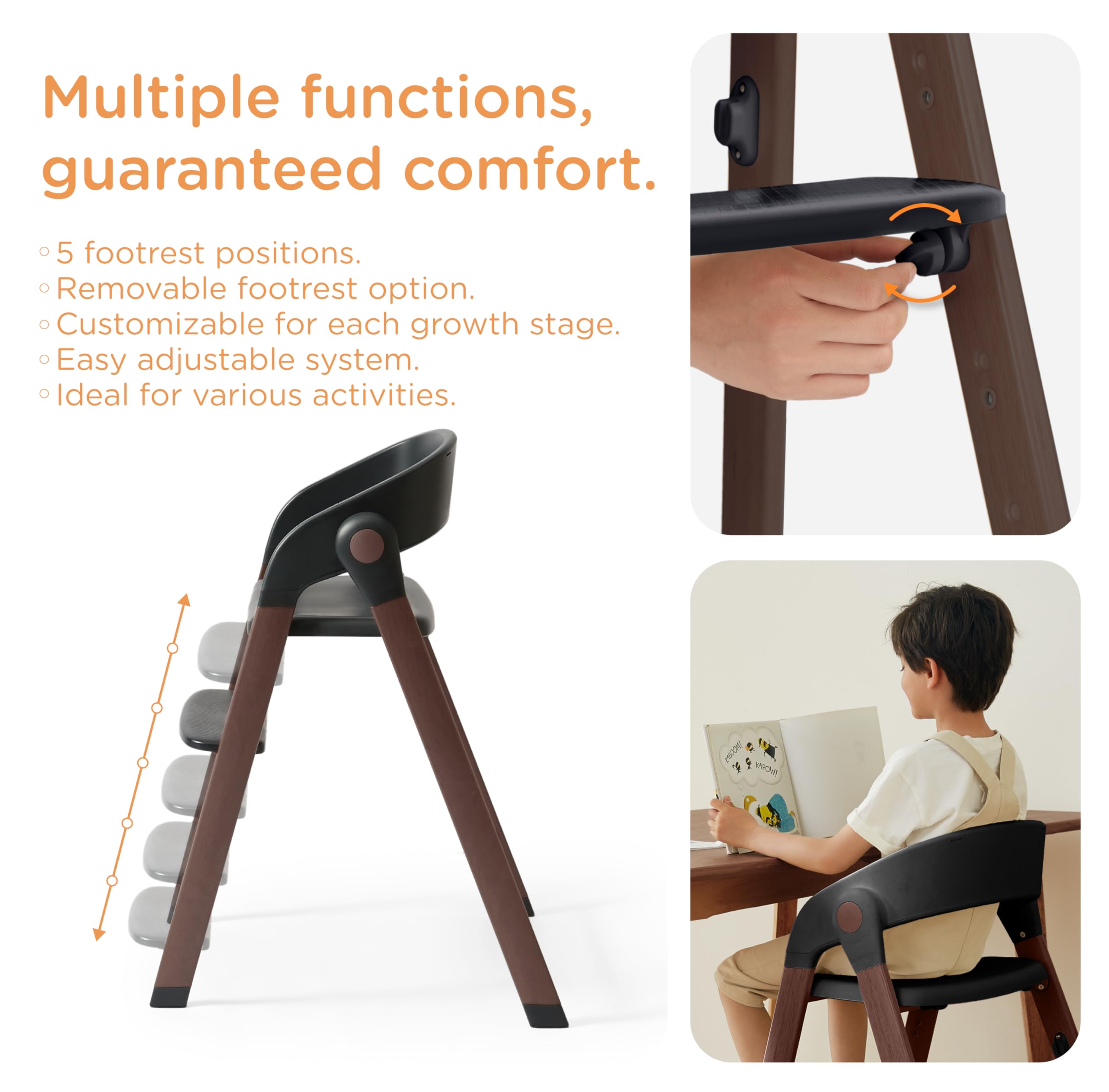 KUB High Chair with telescopic positions adapts as child grows.
