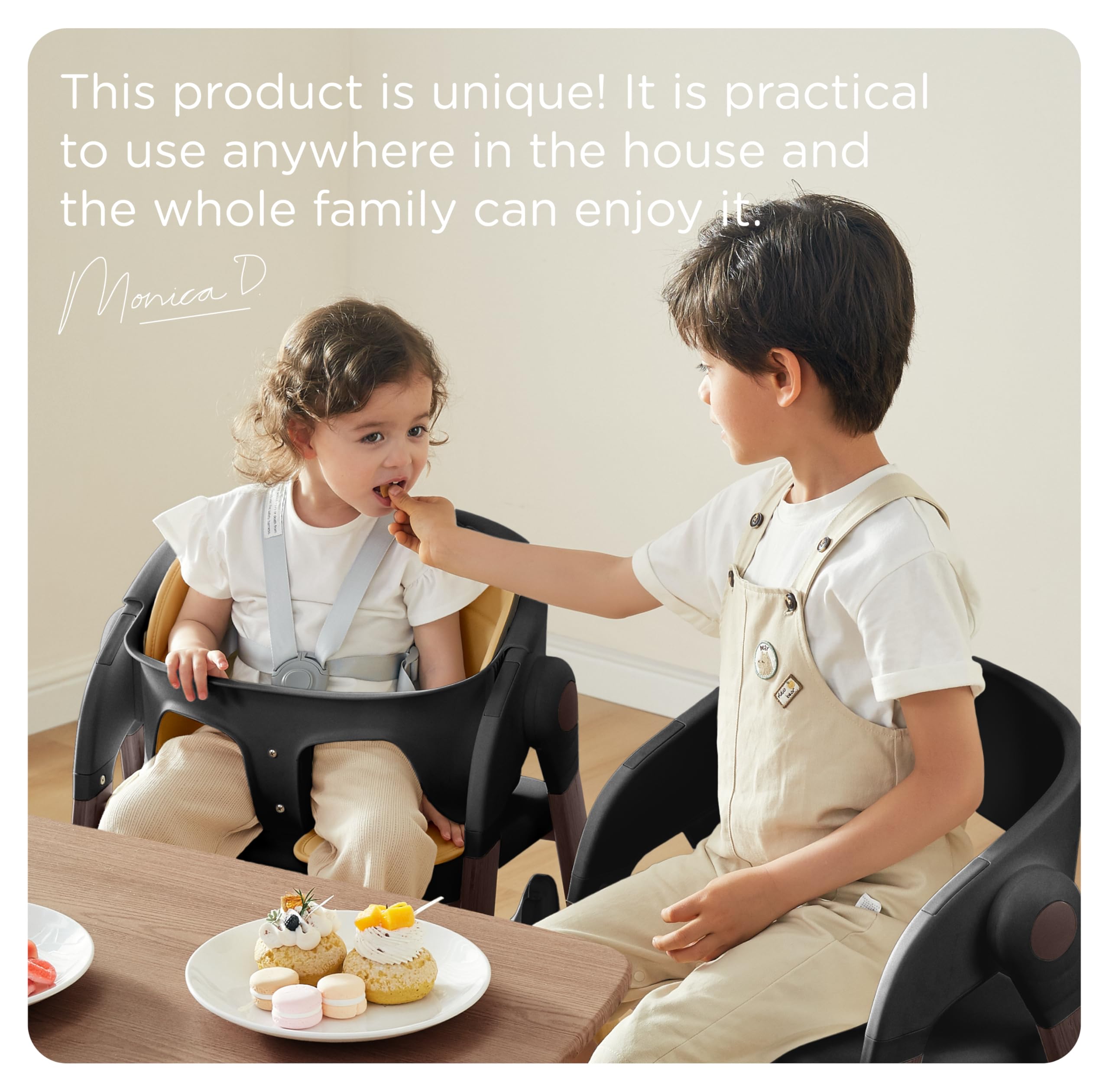 KUB High Chair wood-tone metal design blends with modern kitchens.