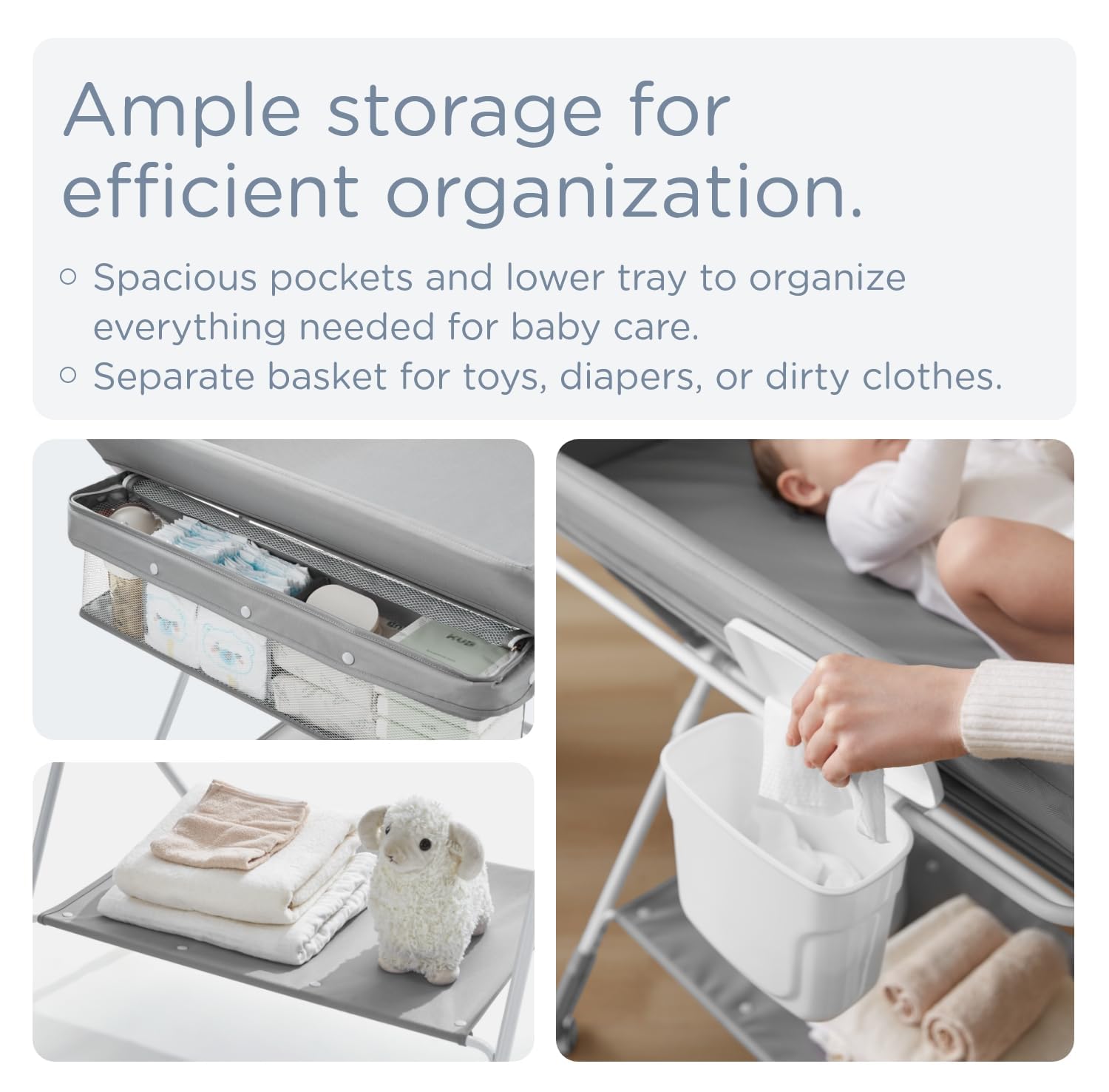 KUB portable changing table spacious shelves show organized diaper and wipe storage.