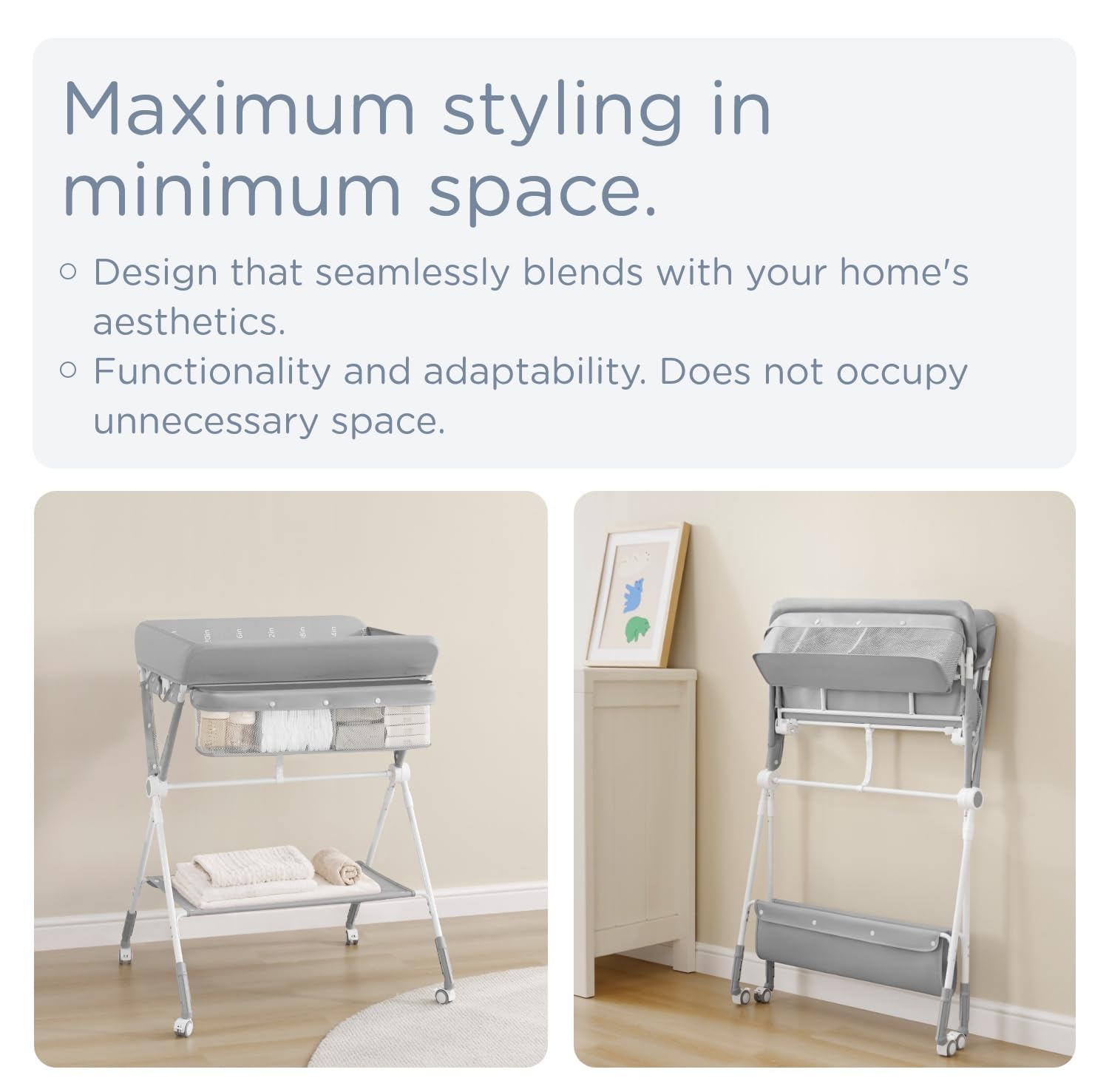KUB portable changing table with wheels enables smooth, portable use around the home.