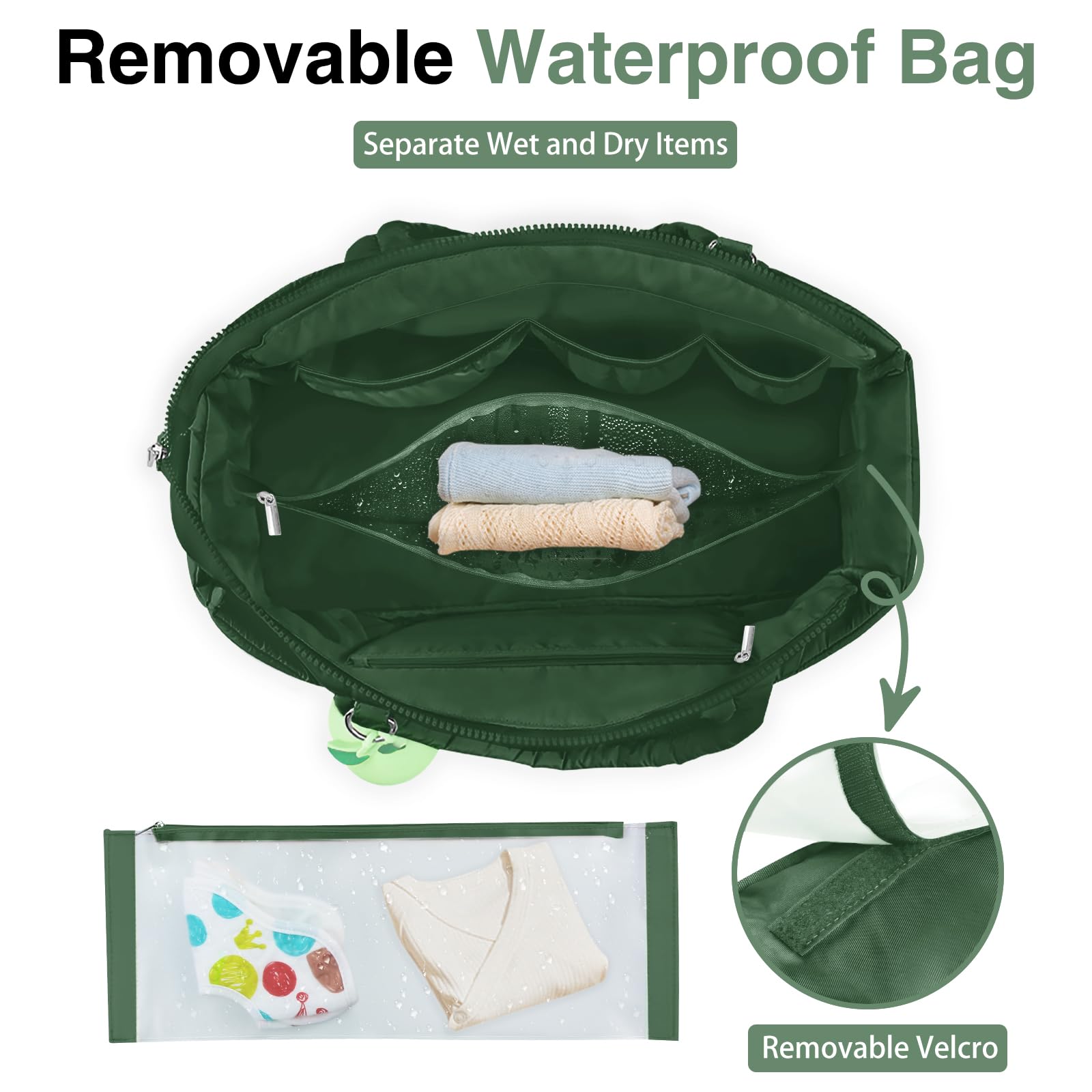 KUBYA diaper bag tote side pocket water bottle area demonstrates convenient hydration storage