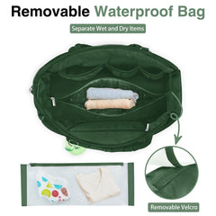 KUBYA diaper bag tote side pocket water bottle area demonstrates convenient hydration storage