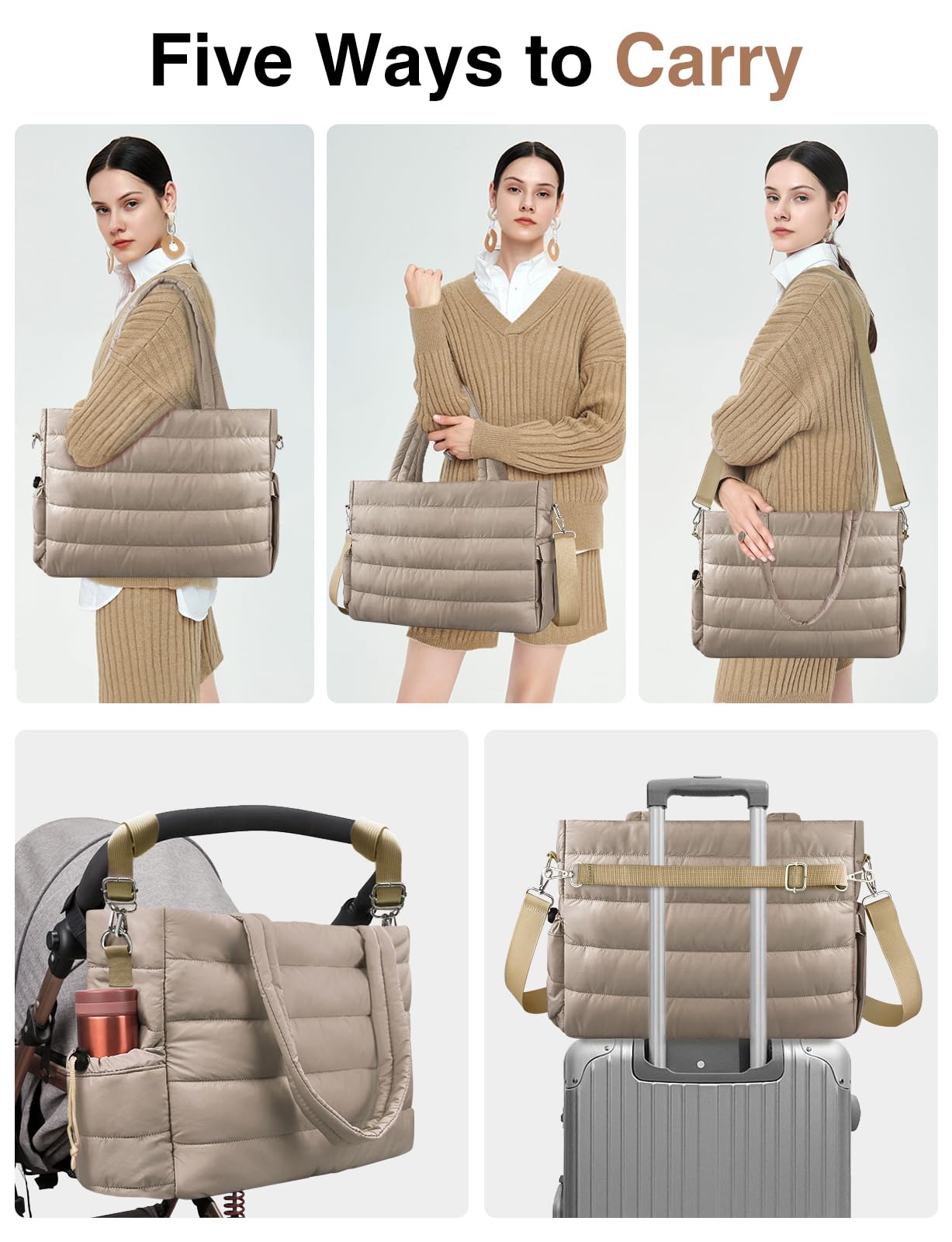 KUBYA tote on stroller attachment demonstrates hands-free travel convenience