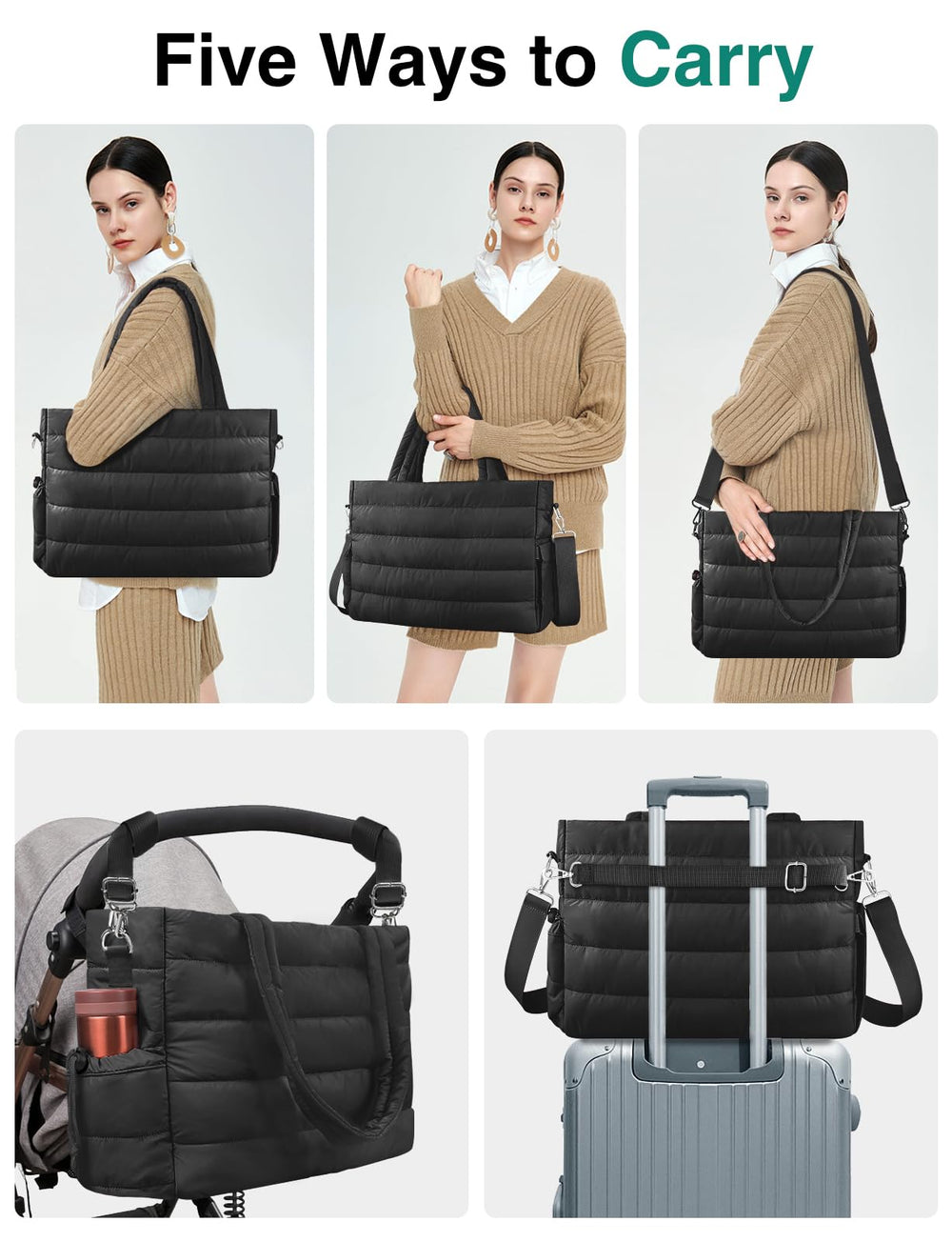 KUBYA diaper bag tote in travel setting on a stroller for hands-free use.