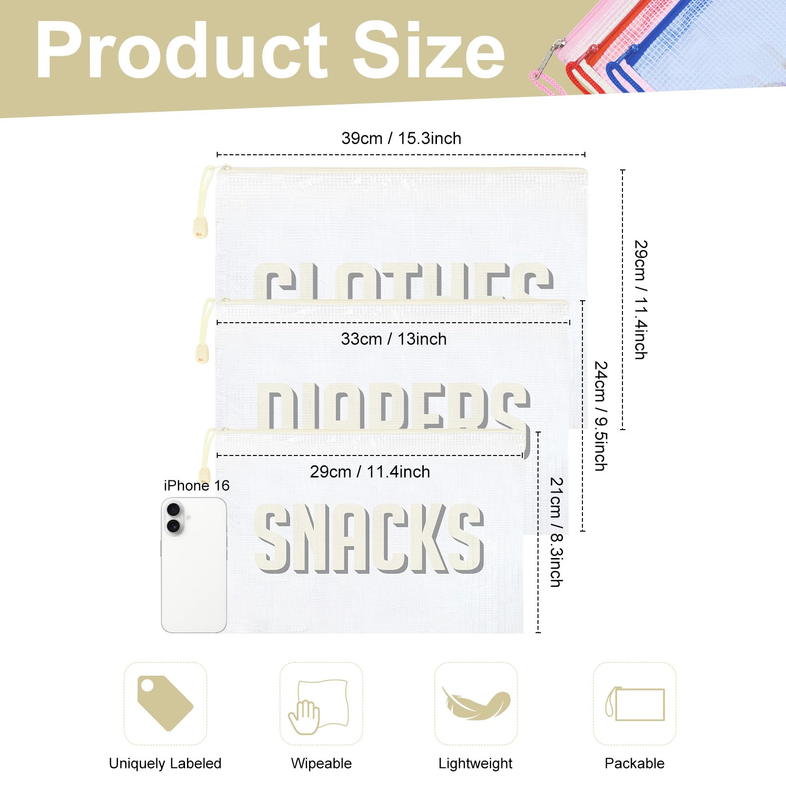KUIRAN hospital bag pouches with labeled CLOTHES, DIAPERS, SNACKS for quick access.