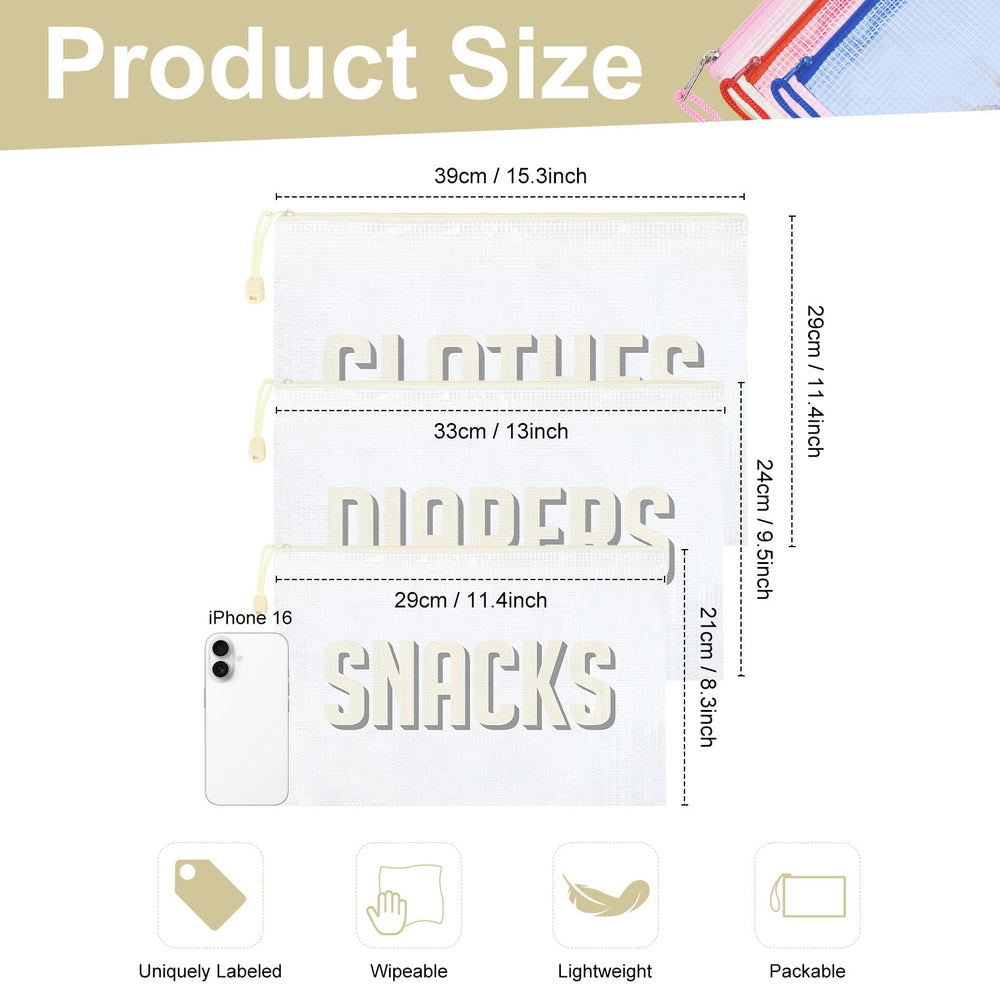 KUIRAN hospital bag pouches with labeled CLOTHES, DIAPERS, SNACKS for quick access.