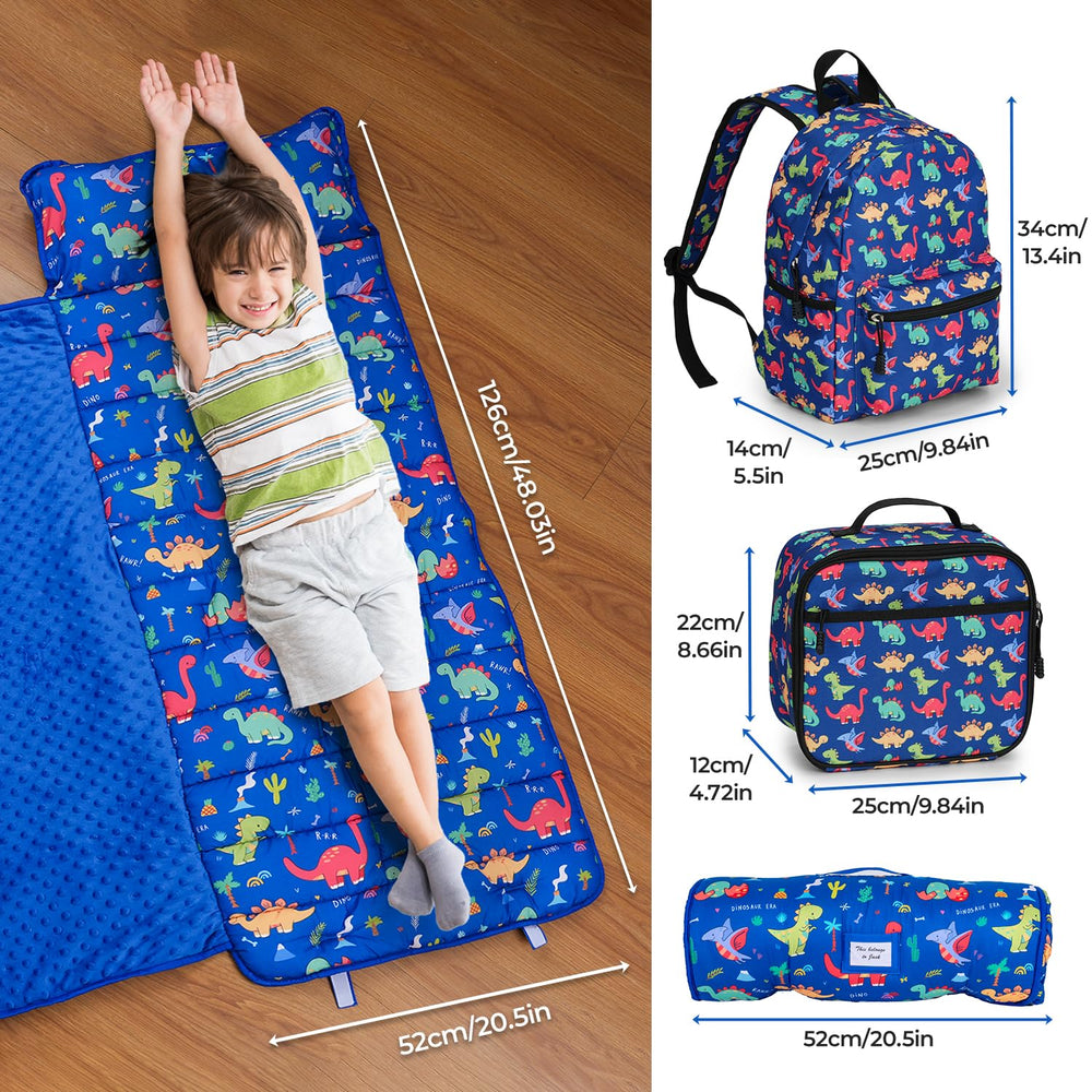 Kulahlik nap mat with matching backpack and lunchbox in coordinated colors for organization.