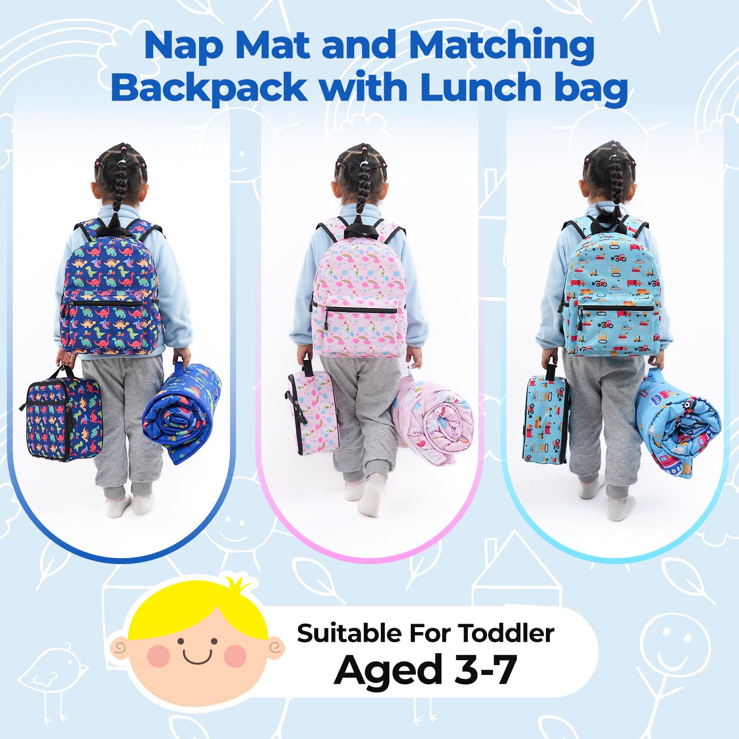 Dimensions of Kulahlik toddler nap mat showing fit for ages 3-6.