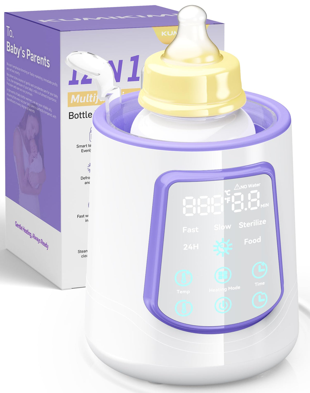 KUMIKIMI fast bottle warmer 12in1 display demonstrates rapid warming for busy nights.
