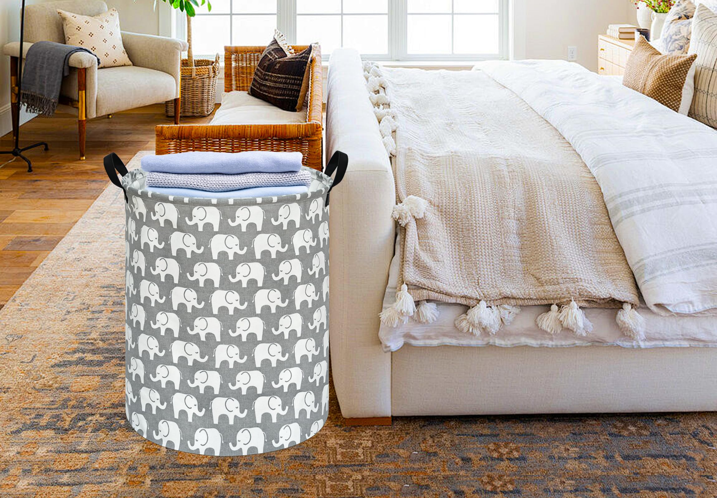 KUNRO basket in bedroom closet organizing clothing and linens.