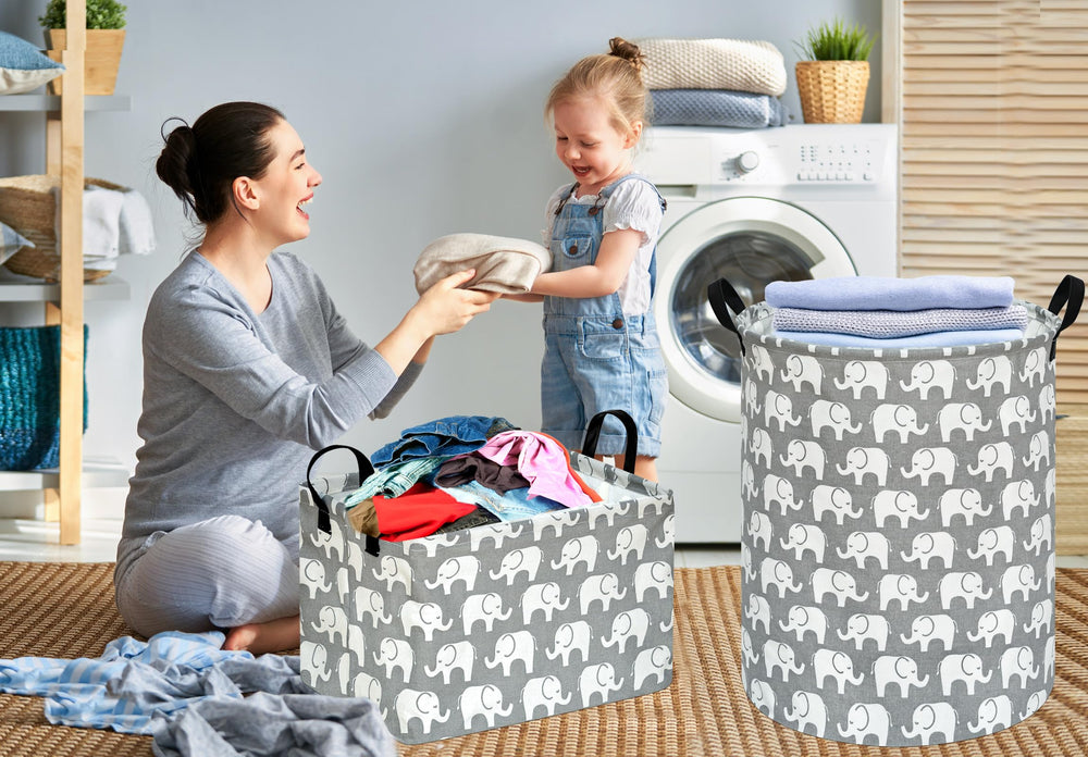 KUNRO elephant basket in nursery storing toys and books.