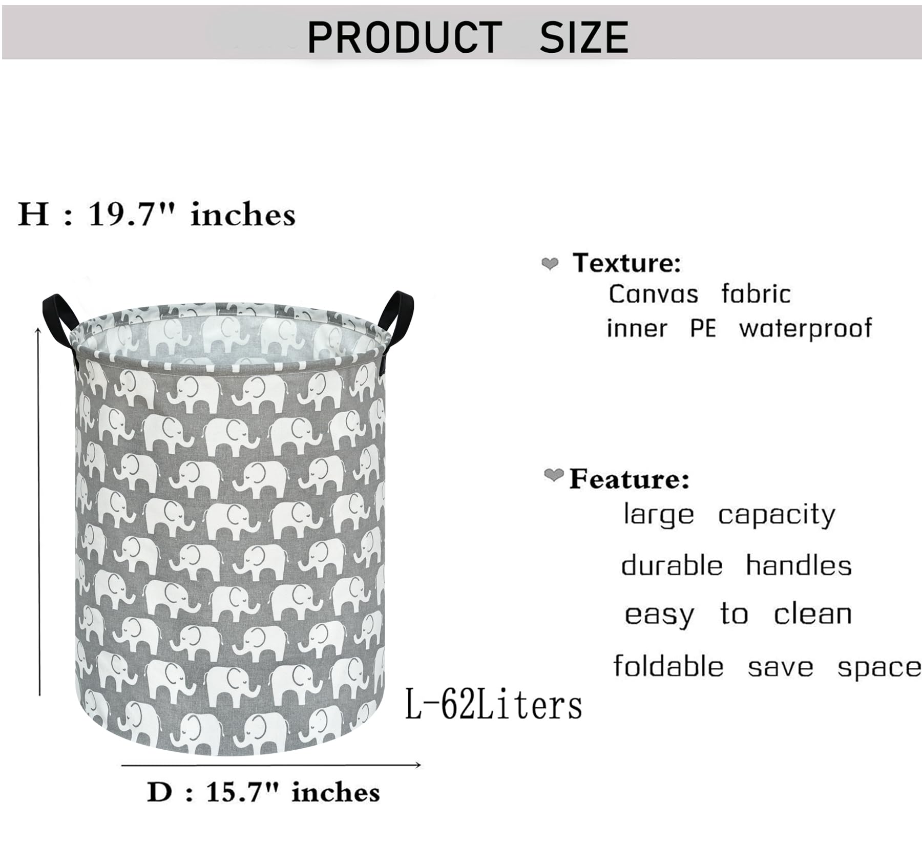 KUNRO elephant round laundry basket side view shows portable, easy transport.