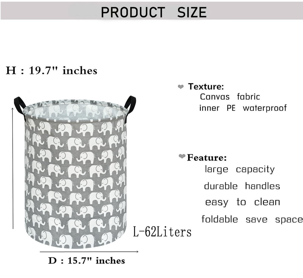 KUNRO elephant round laundry basket side view shows portable, easy transport.