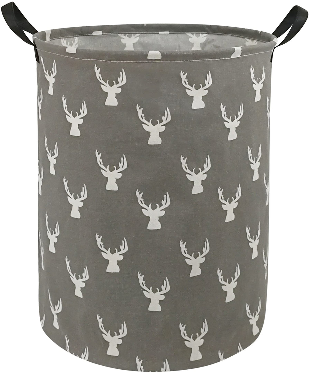 KUNRO round laundry basket exterior with grey deer motif for stylish organization.