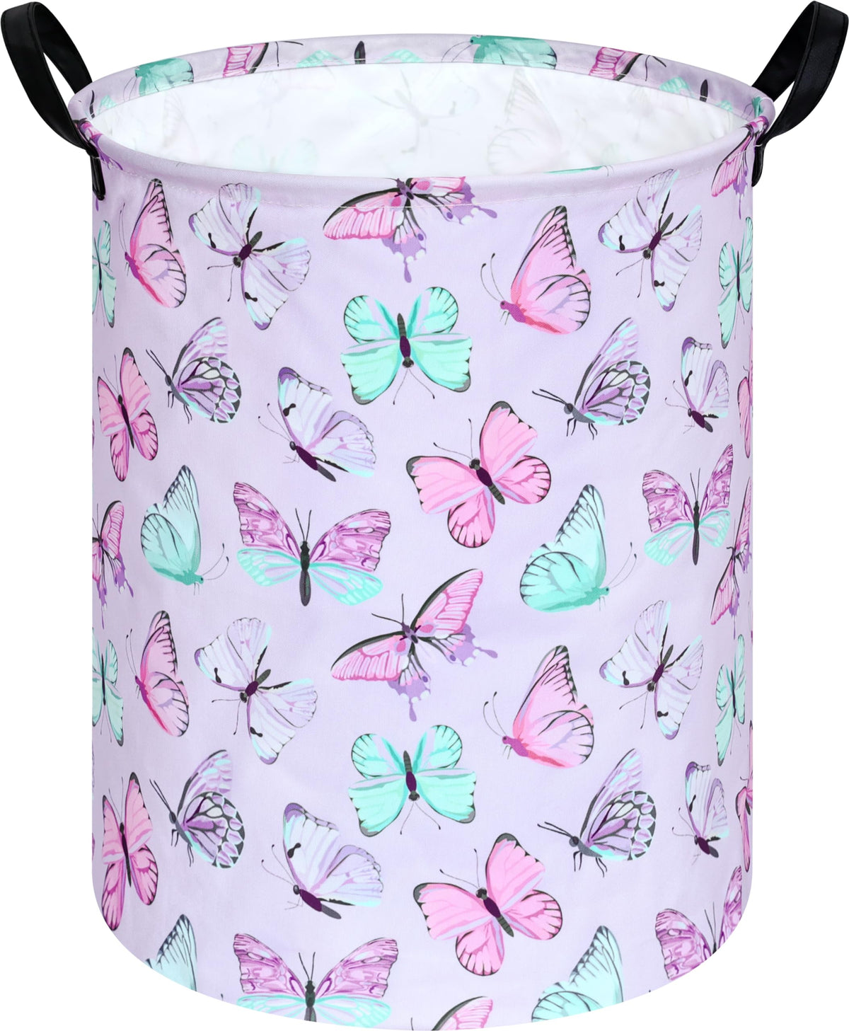 KUNRO round laundry basket in purple butterfly design, front view for stylish organization.