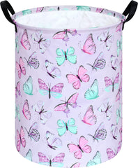 KUNRO round laundry basket in purple butterfly design, front view for stylish organization.