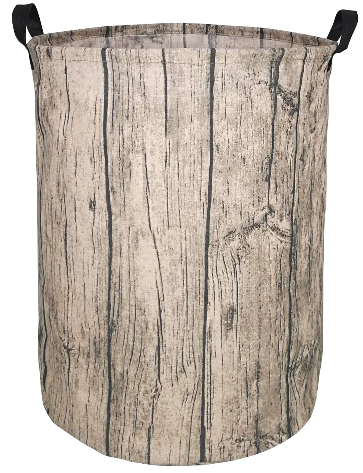 KUNRO round laundry basket tree stump front view, ideal for tidy bedroom laundry storage.