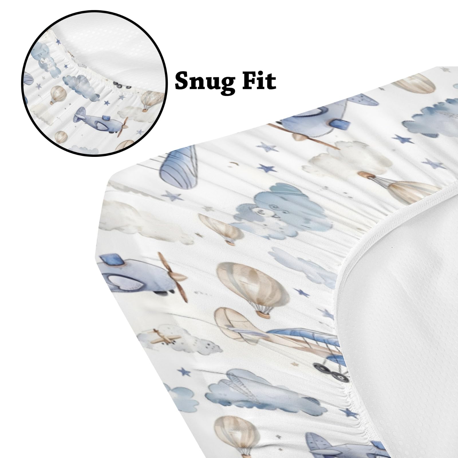 KuphiL10C plane-hot-air-balloons-crib-sheet-06 compliments nursery decor with stars and clouds.