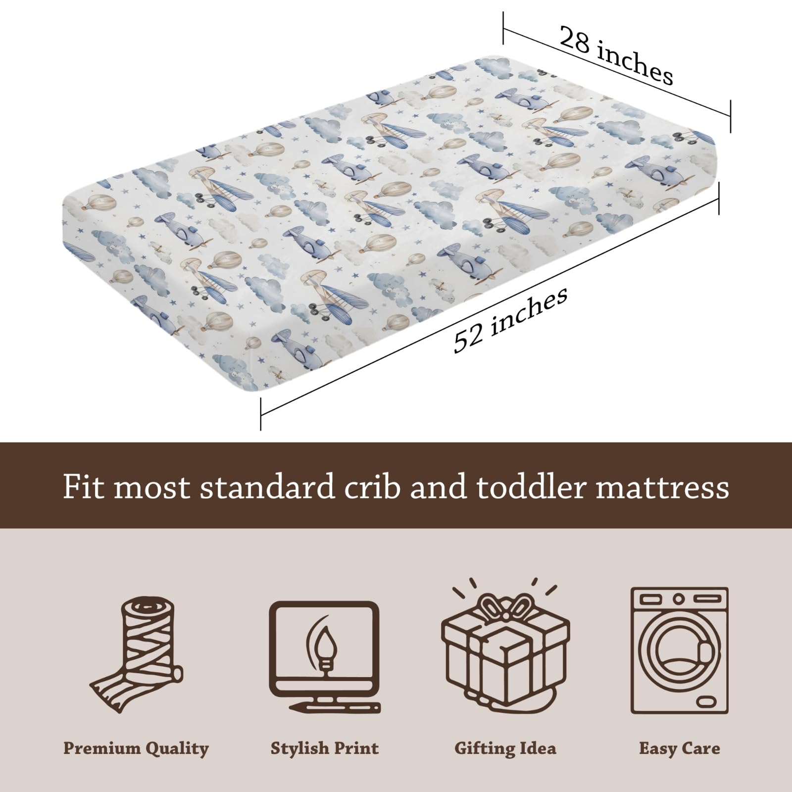 KuphiL10C plane-hot-air-balloons-crib-sheet-07 28x52 size fits standard cribs and toddler beds.