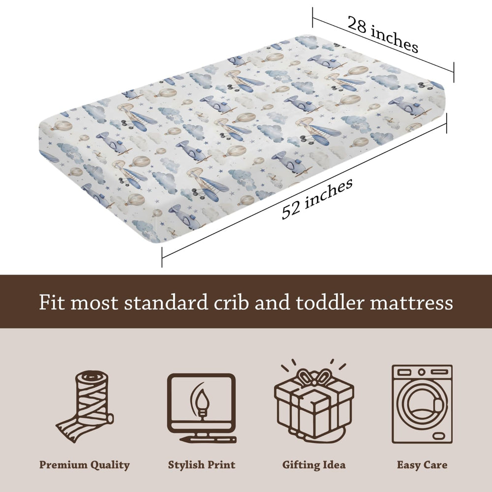 KuphiL10C plane-hot-air-balloons-crib-sheet-07 28x52 size fits standard cribs and toddler beds.