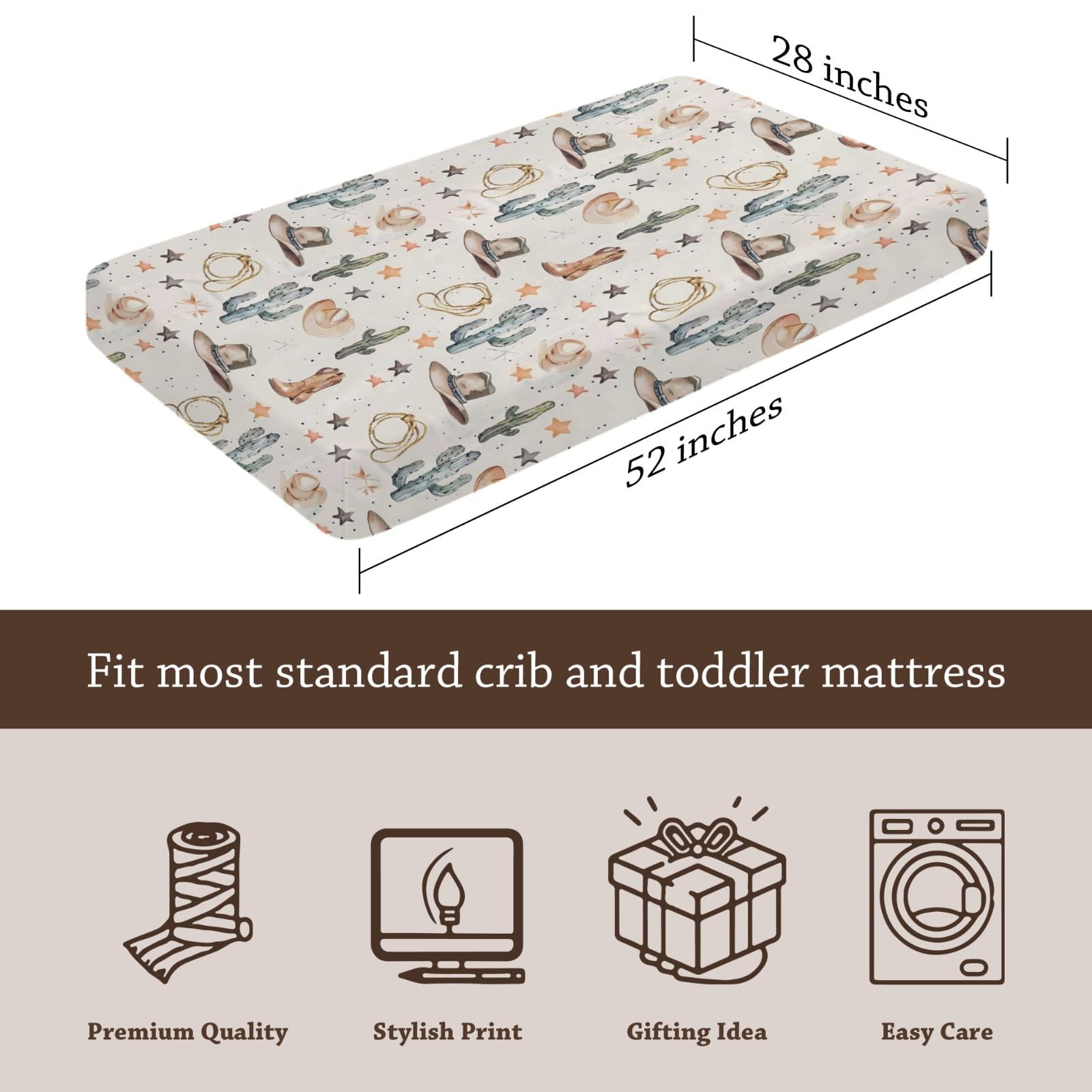 KuphiL10C western-style crib sheet fits standard 28x52 mattress securely.