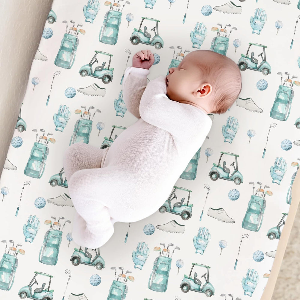 KuphiL10C watercolor golf changing pad cover unisex design image suggests versatile nursery styling.