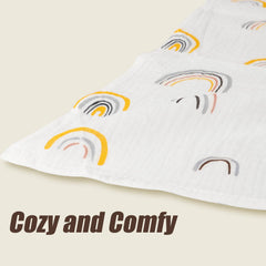 Kvoike Rainbow Muslin Swaddle Blanket closeup shows breathable soft fabric