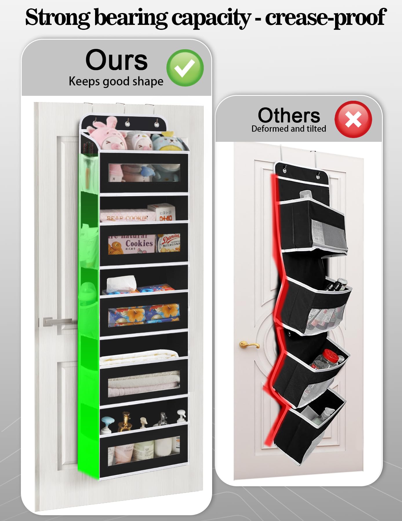 KYEVIS door organizer sturdy base with fiberglass edge keeps pockets upright when loaded.