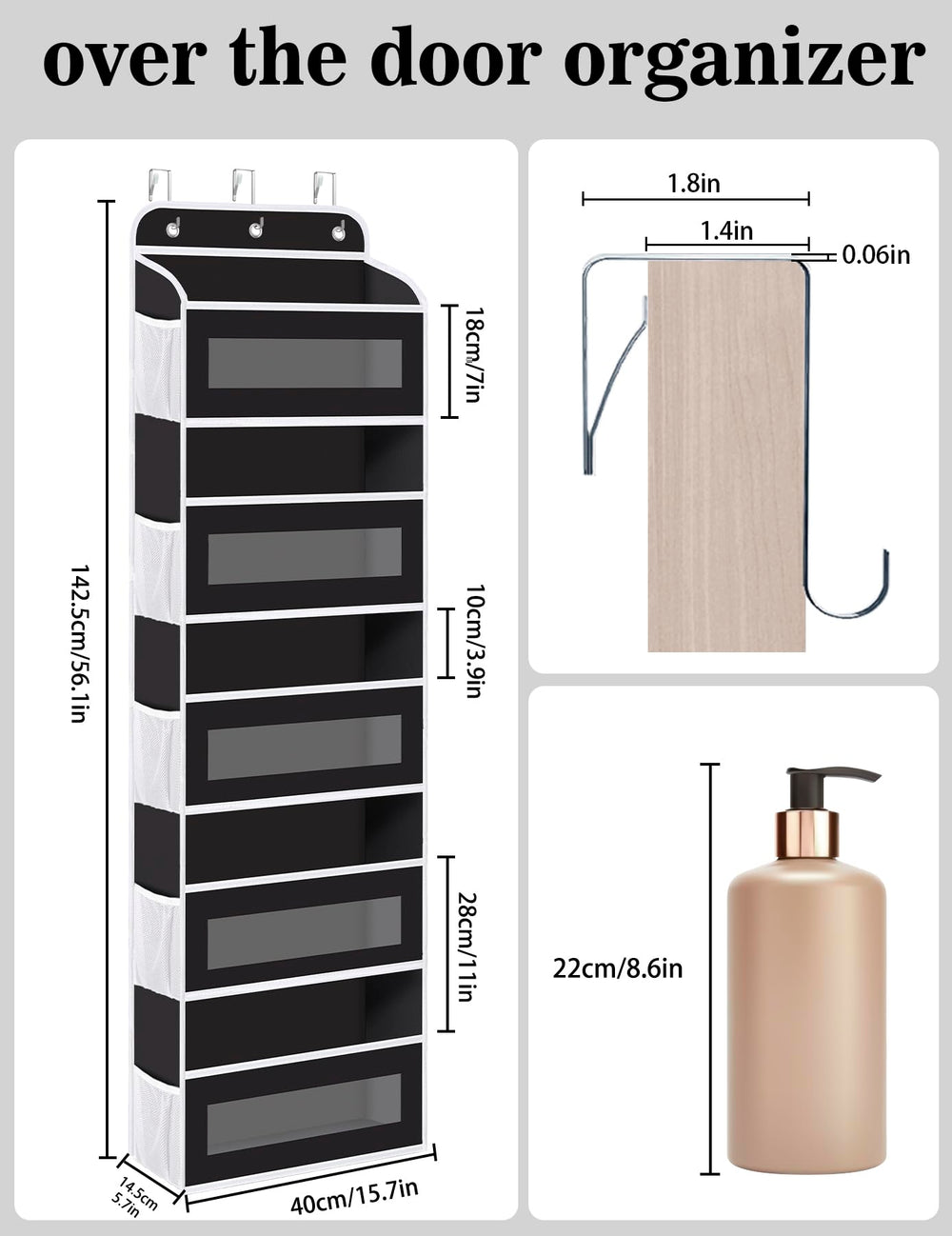 KYEVIS Over The Door Organizer shows ten mesh pockets for organized essentials.