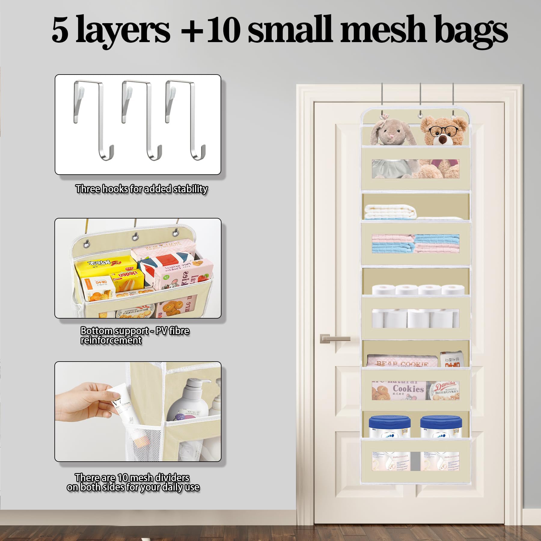 KYEVIS over the door organizer mesh pockets showcase transparent storage for easy item spotting.