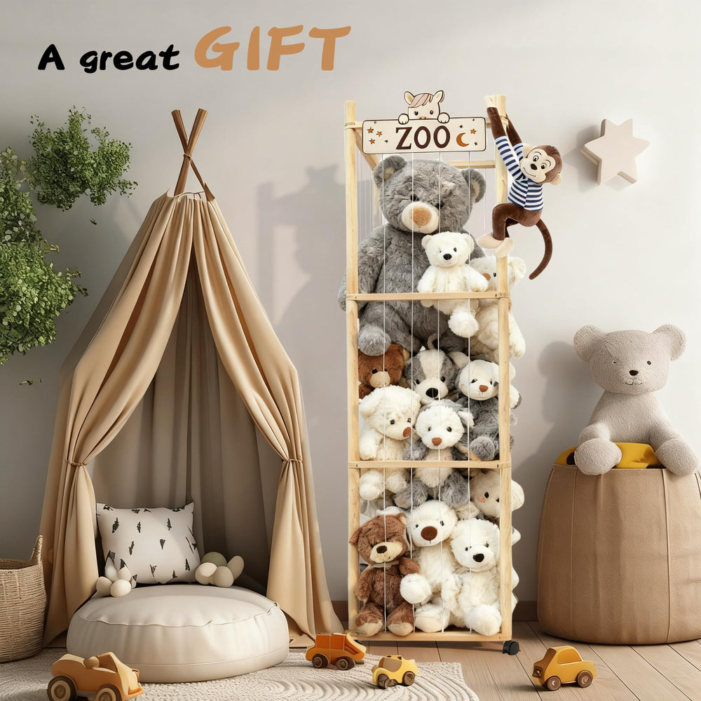 KYNUG 55inch-sturdy-wooden-zoo supports durable plush storage in nursery.