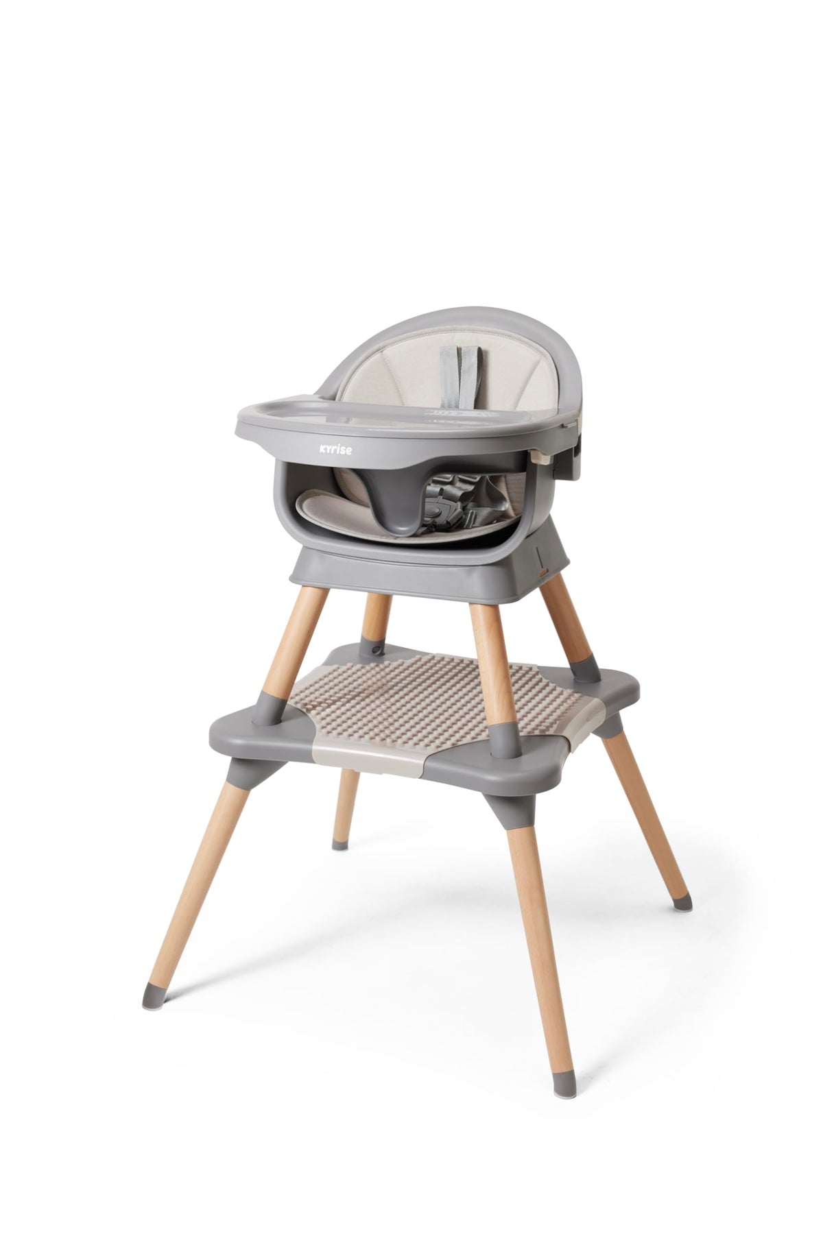 Kyrise 5-in-1 high chair gray assembly showing sturdy setup for growing child