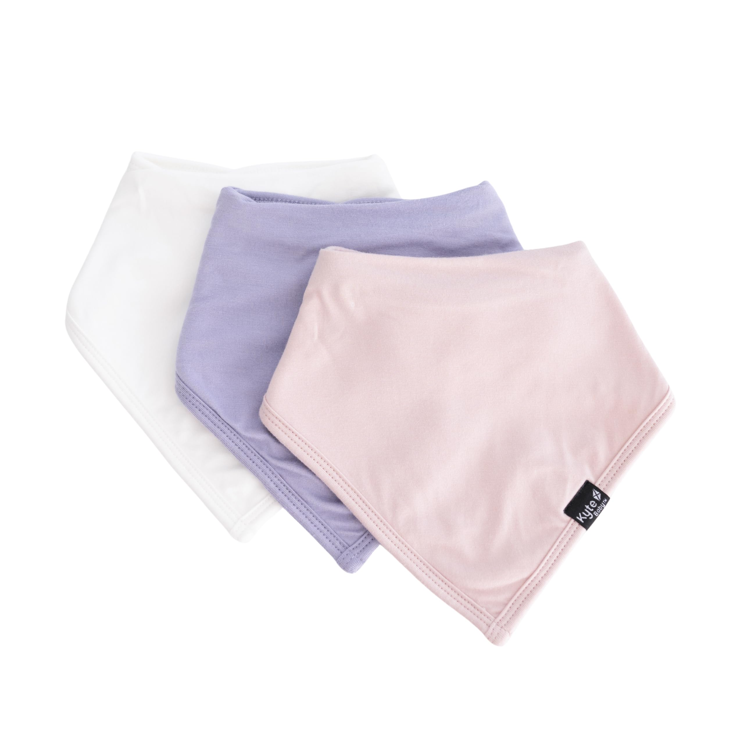 Kyte Baby bamboo bib 3-pack: blush, cloud, taro with adjustable snaps for growing babies.