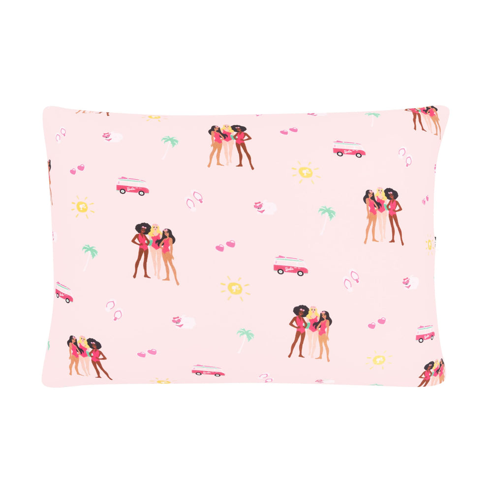 KYTE BABY bamboo toddler pillowcase close-up, Barbie Beach design, silky, cool-touch fabric for sensitive skin.