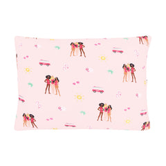 KYTE BABY bamboo toddler pillowcase close-up, Barbie Beach design, silky, cool-touch fabric for sensitive skin.