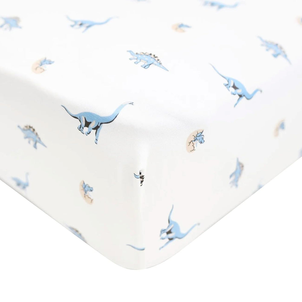 Kyte Baby Jurassic crib sheet close-up shows bamboo softness for baby comfort.