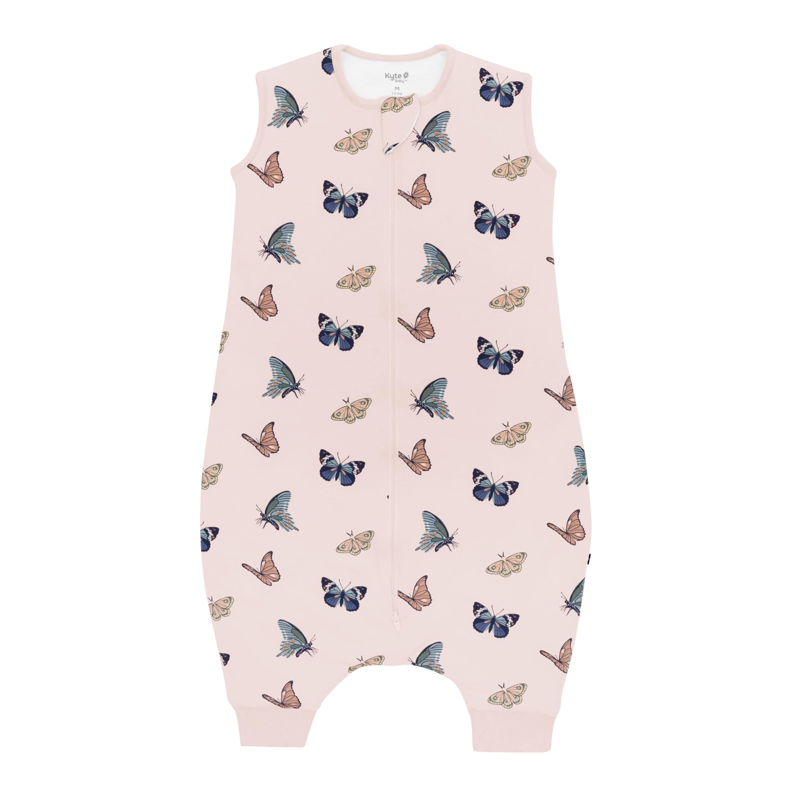 Kyte Baby sleep bag walker in Blush Butterfly front view showing breathable bamboo fabric for cozy naps.