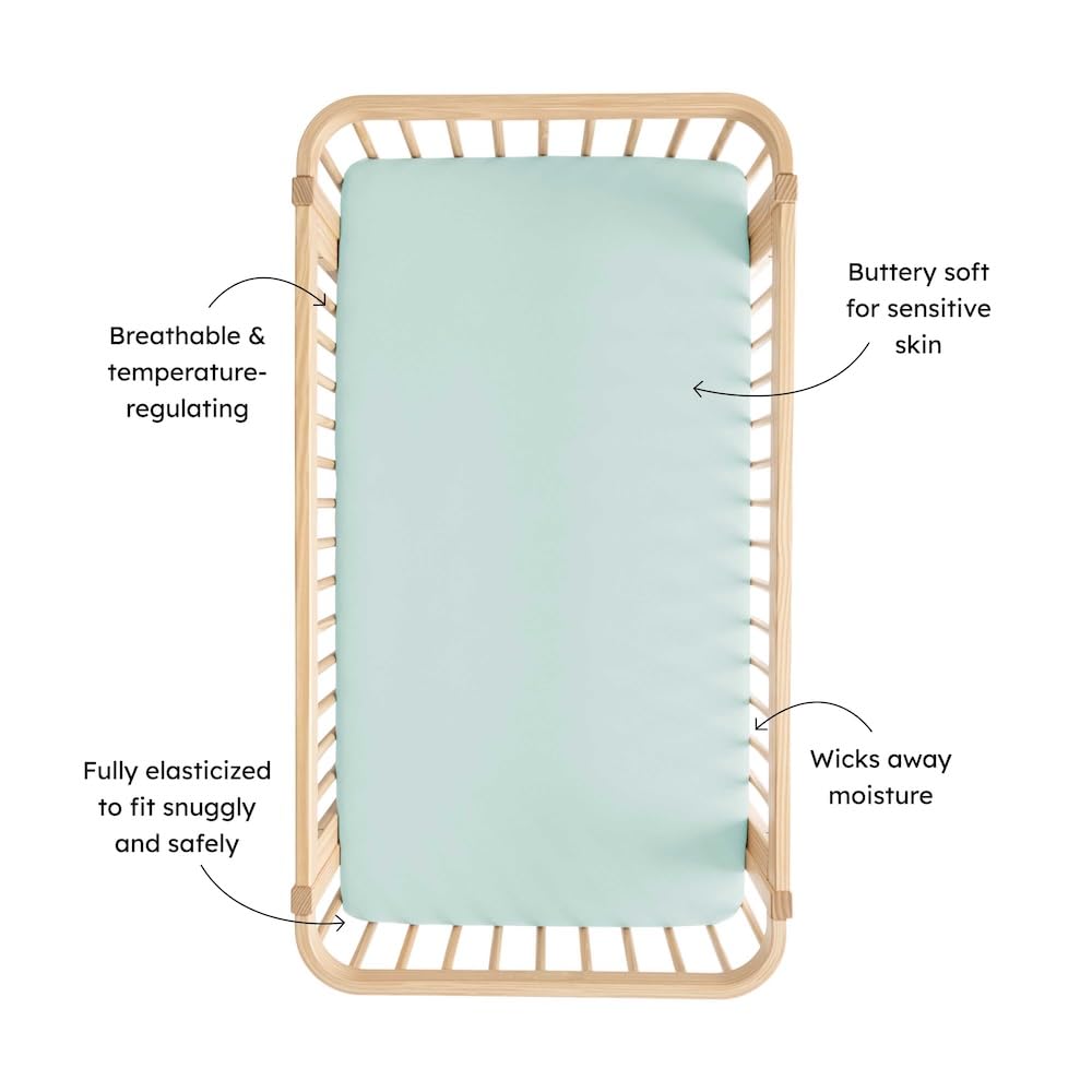 Kyte Baby sage crib sheet on mattress shows snug fit for secure sleep