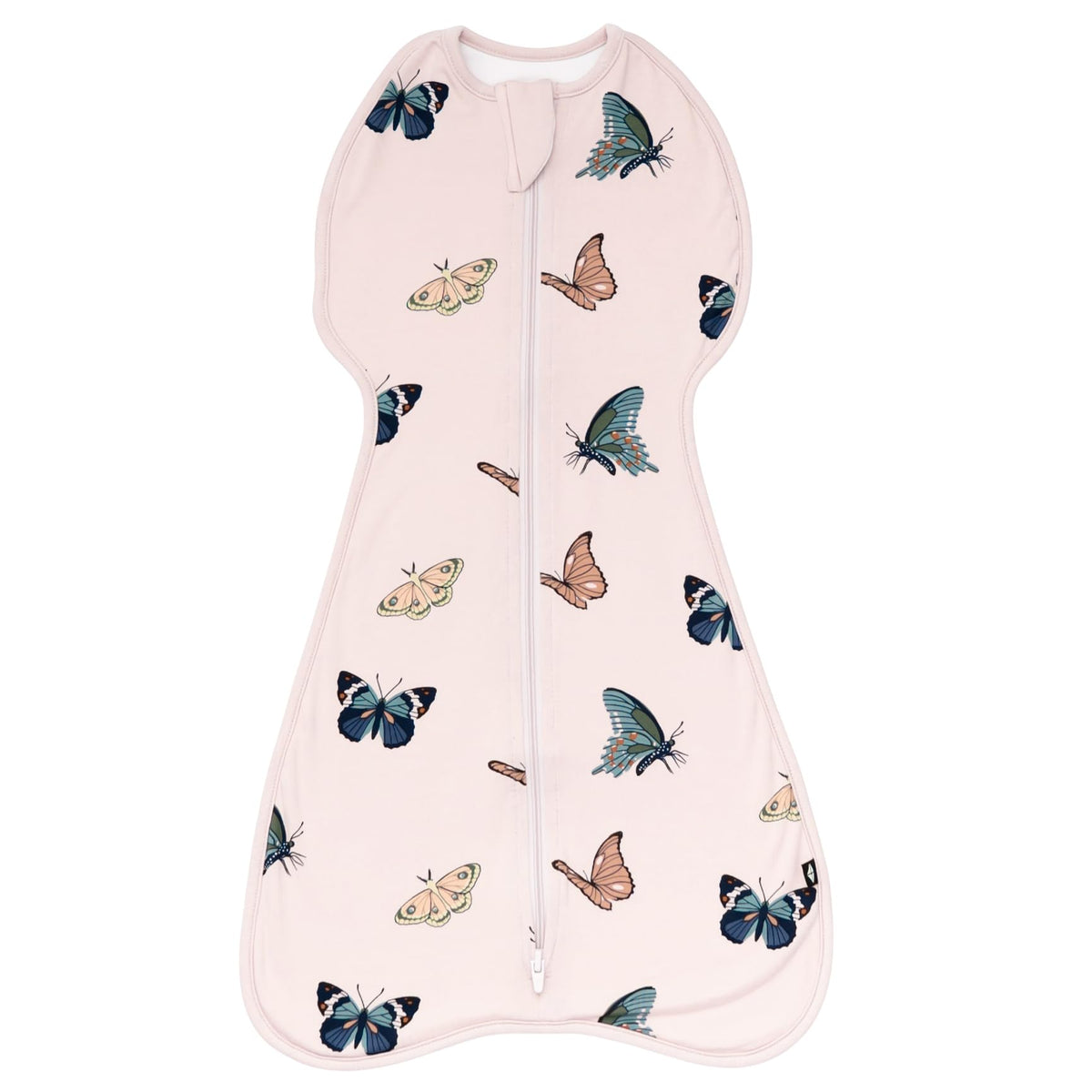 KYTE BABY swaddle bag blush butterfly flatlay highlights breathable bamboo fabric for cozy sleeps.