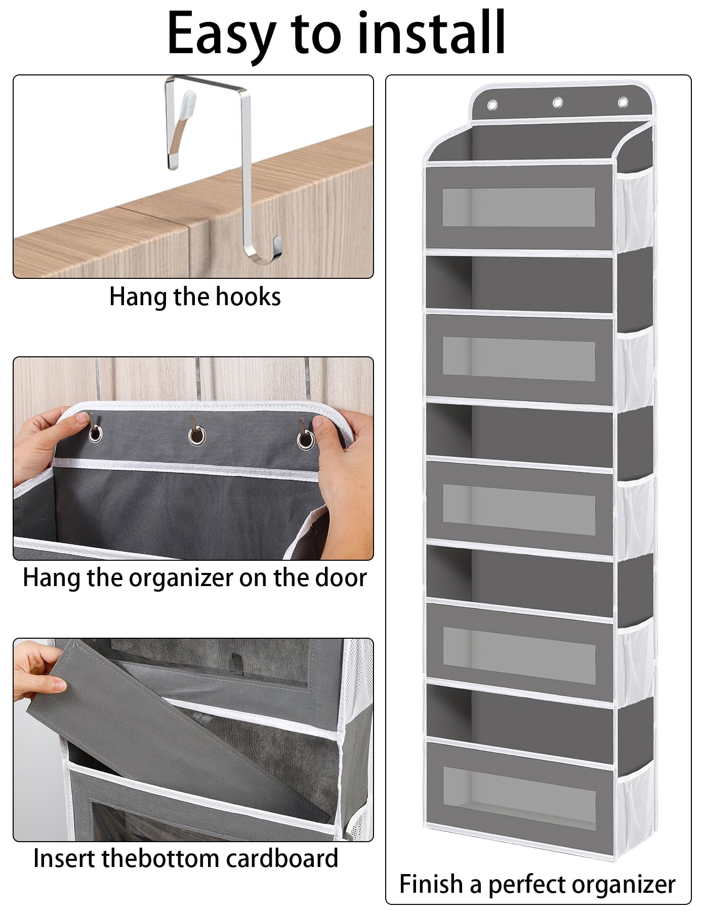 KYEVIS door-hook installation demonstrates a no-drill setup and door protection.