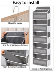 KYEVIS door-hook installation demonstrates a no-drill setup and door protection.