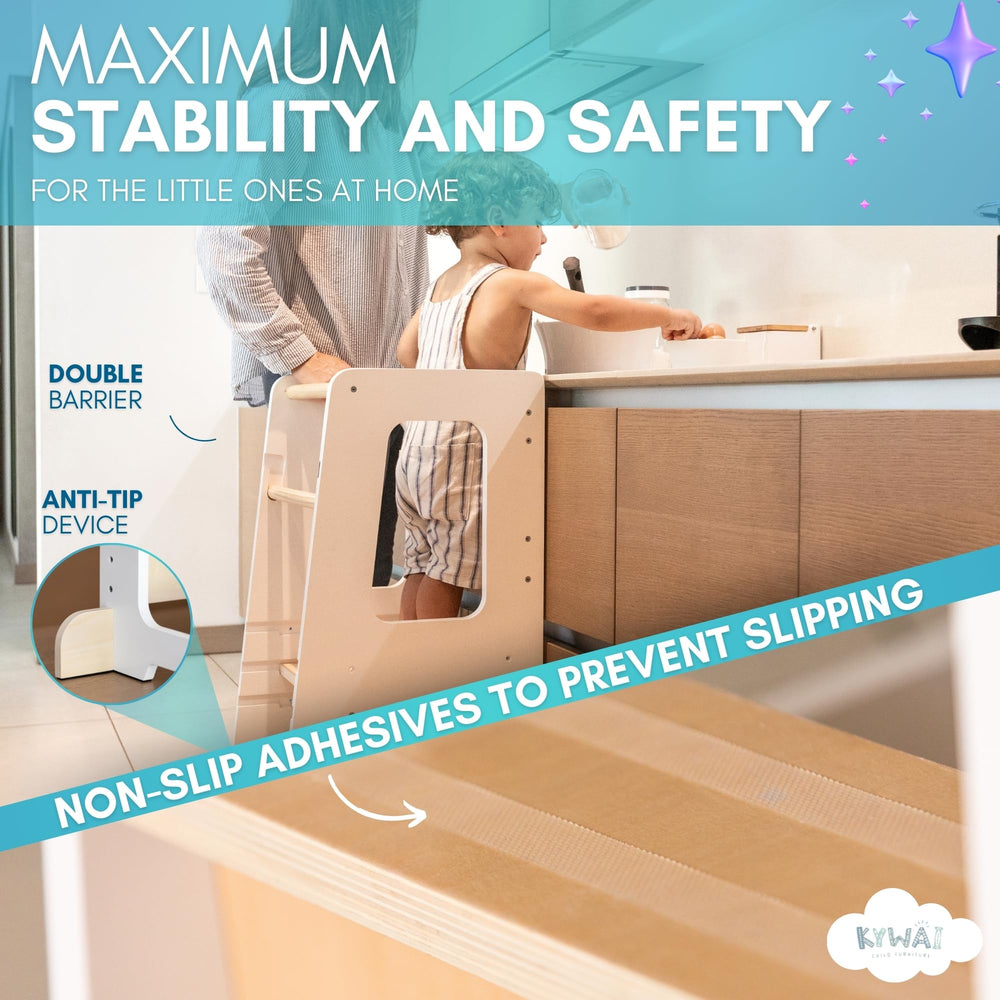 KYWAI Standing Tower adjustable height supports growing children during kitchen tasks.