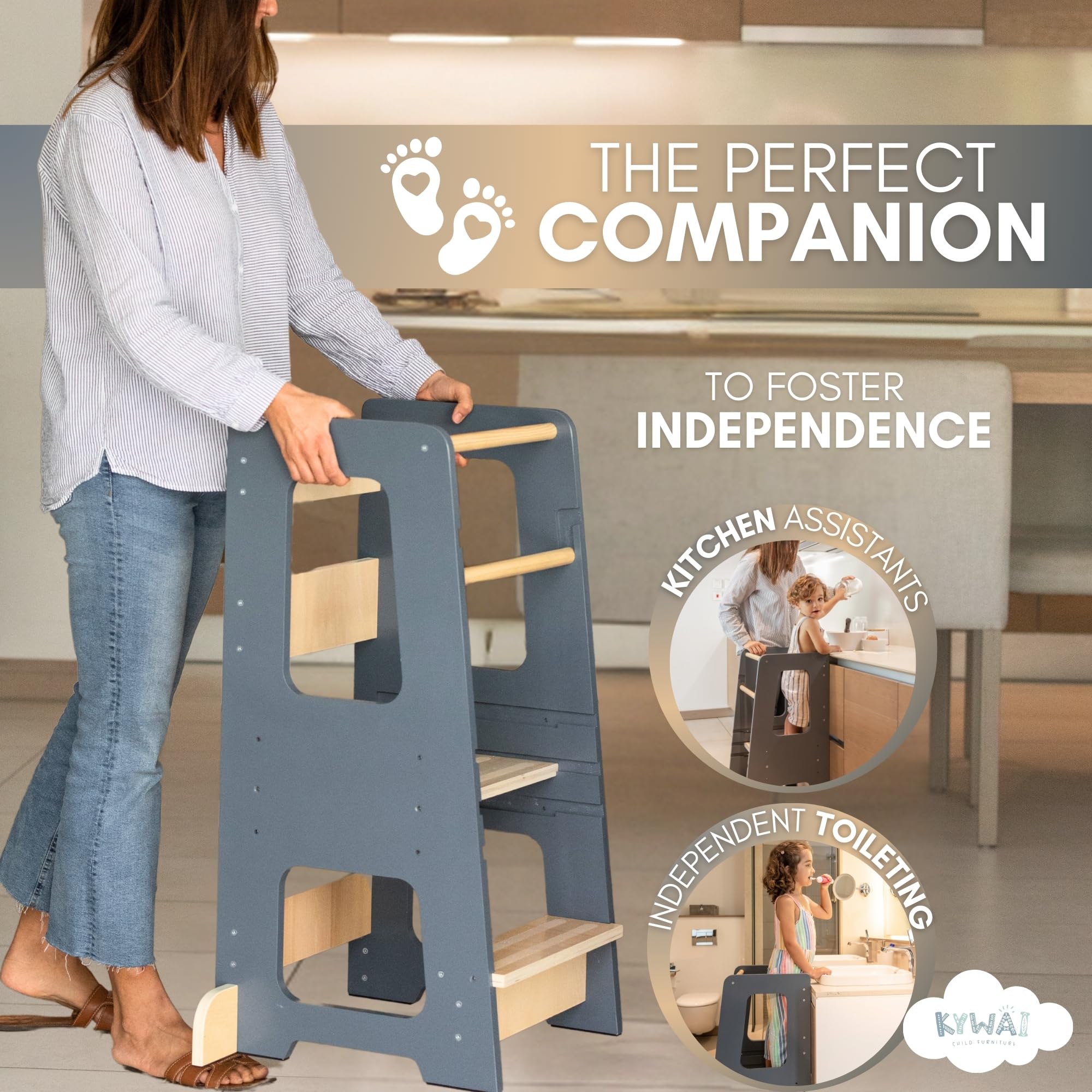 KYWAI Toddler Kitchen Stool Helper durable wood construction for long-lasting use