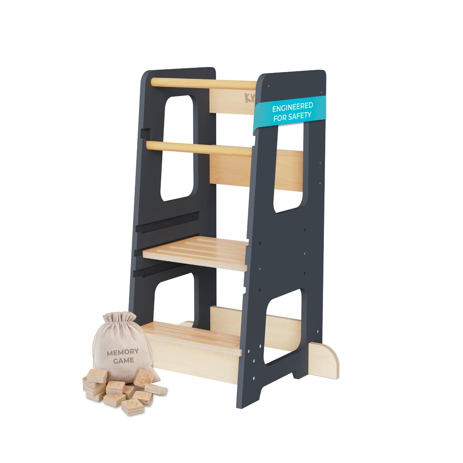 KYWAI Toddler Kitchen Stool Helper grey-blue side view for safe counter access
