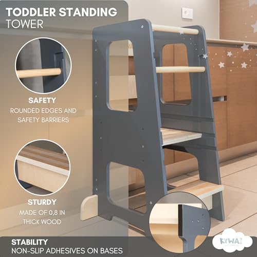 KYWAI Toddler Kitchen Stool Helper safety rails shown for added stability