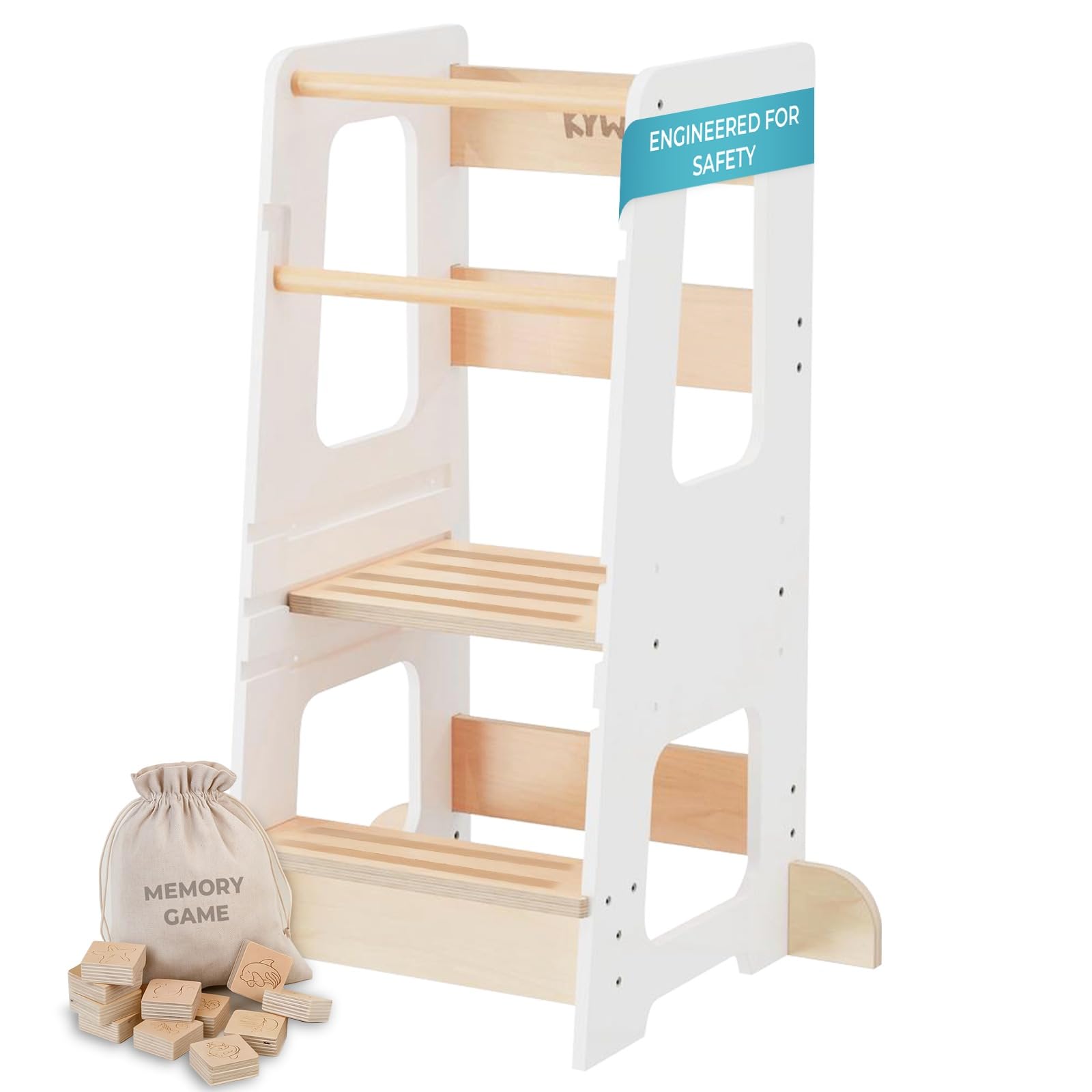 KYWAI Toddler Stool rails white promotes safe counter learning with removable safety rails.