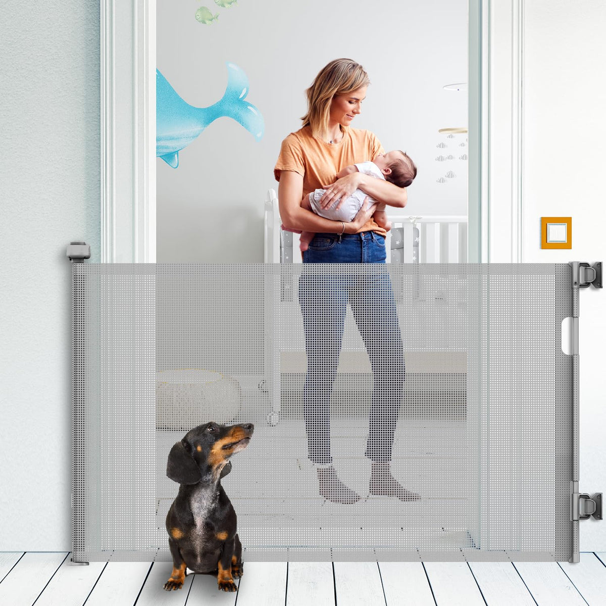 KYXAIN retractable gate fully retracted showing compact space-saving design for doorways