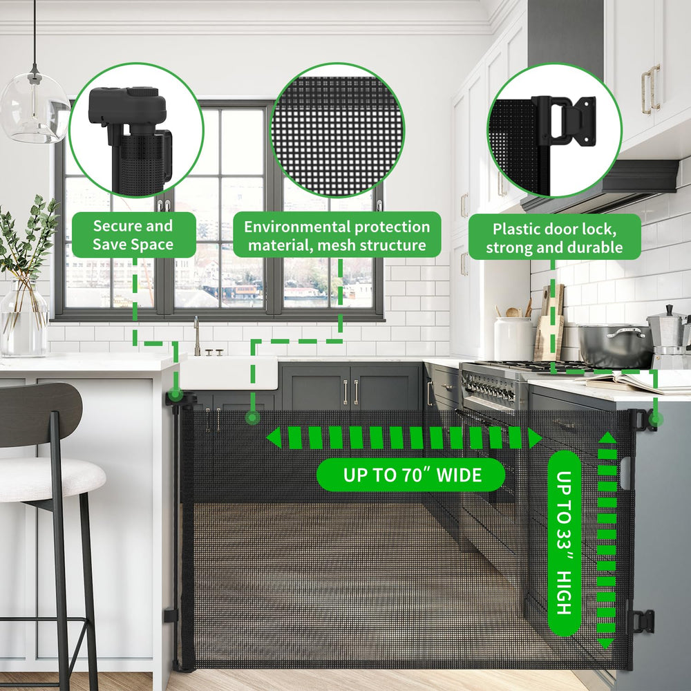 KYXAIN gate with mesh retracted for compact storage and clear visibility