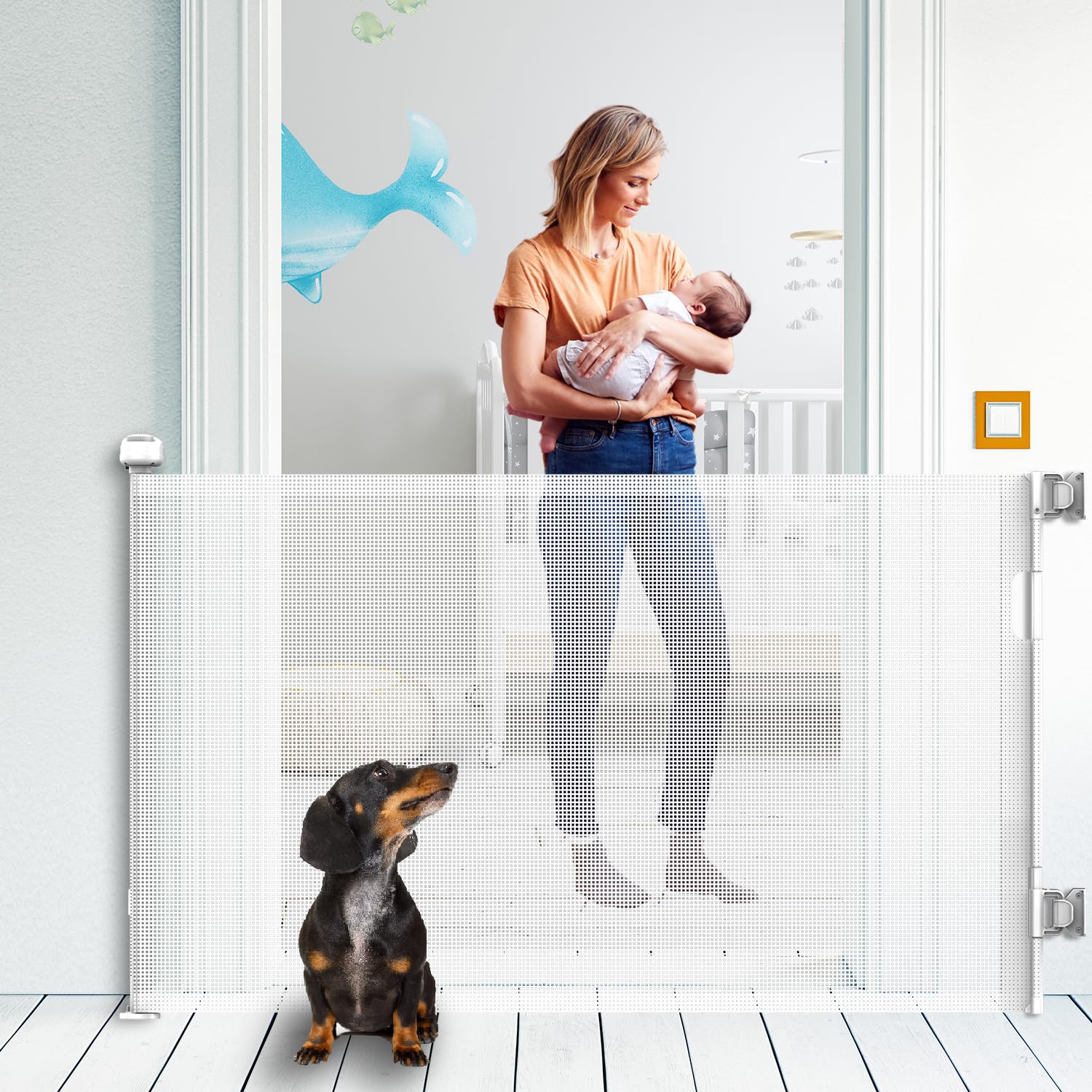 Kyxain retractable gate extended on stairs keeps kids and pets safe.